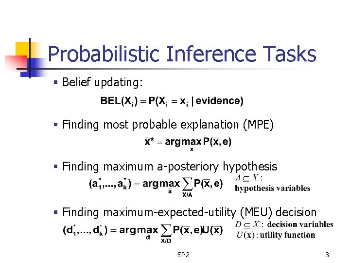 Probabilistic Inference Tasks § Belief updating: § Finding most probable explanation (MPE) § Finding