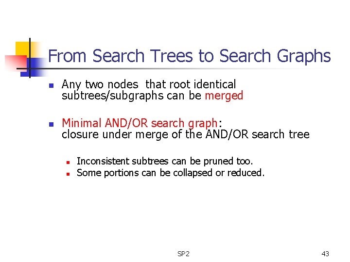 From Search Trees to Search Graphs n Any two nodes that root identical subtrees/subgraphs