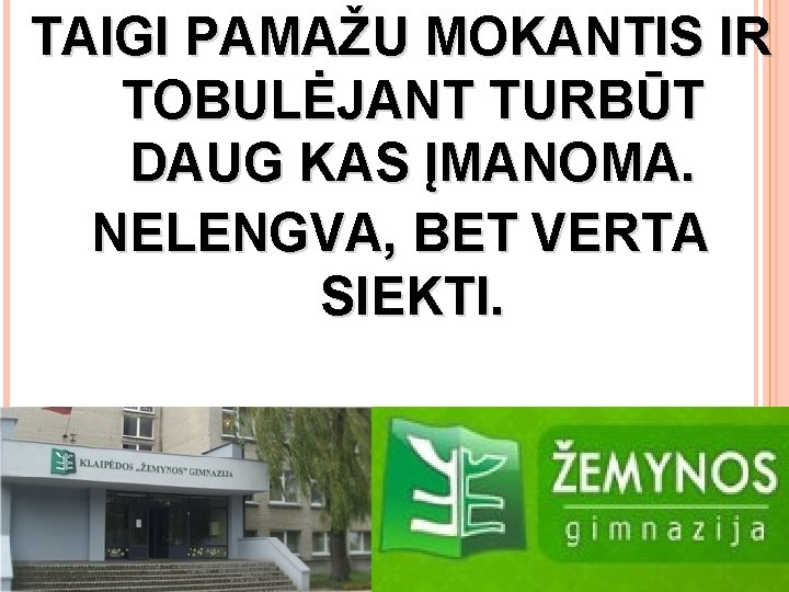 TAIGI PAMAŽU MOKANTIS IR TOBULĖJANT TURBŪT DAUG KAS ĮMANOMA. NELENGVA, BET VERTA SIEKTI. 