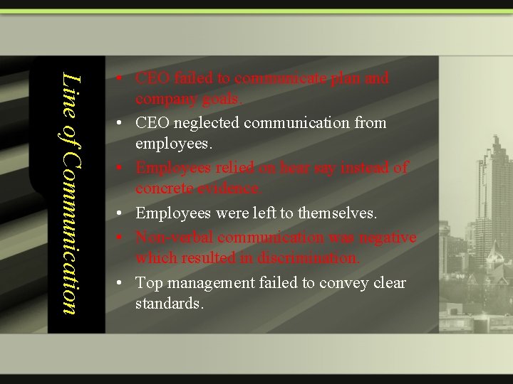 Line of Communication • CEO failed to communicate plan and company goals. • CEO