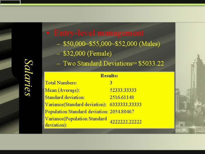  • Entry-level management Salaries – $50, 000~$55, 000~$52, 000 (Males) – $32, 000