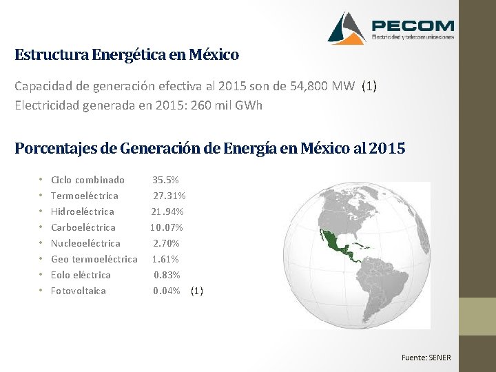 Estructura Energética en México Capacidad de generación efectiva al 2015 son de 54, 800