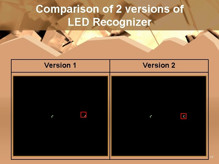 Comparison of 2 versions of LED Recognizer Version 1 Version 2 17 