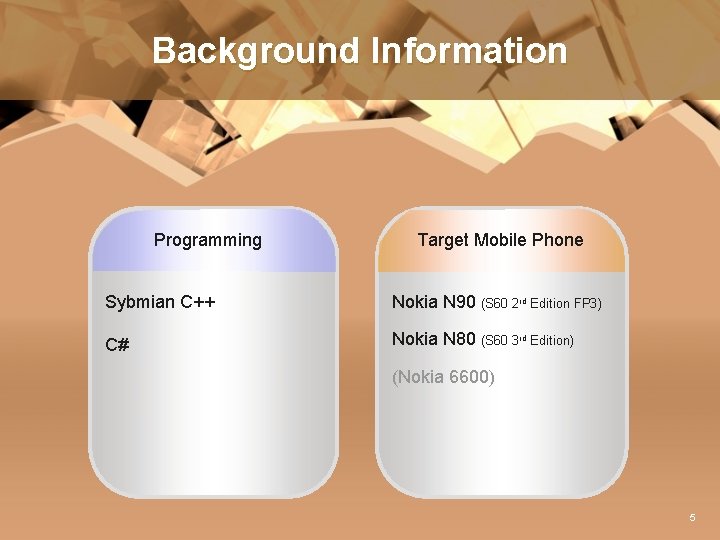 Background Information Programming Target Mobile Phone Sybmian C++ Nokia N 90 (S 60 2