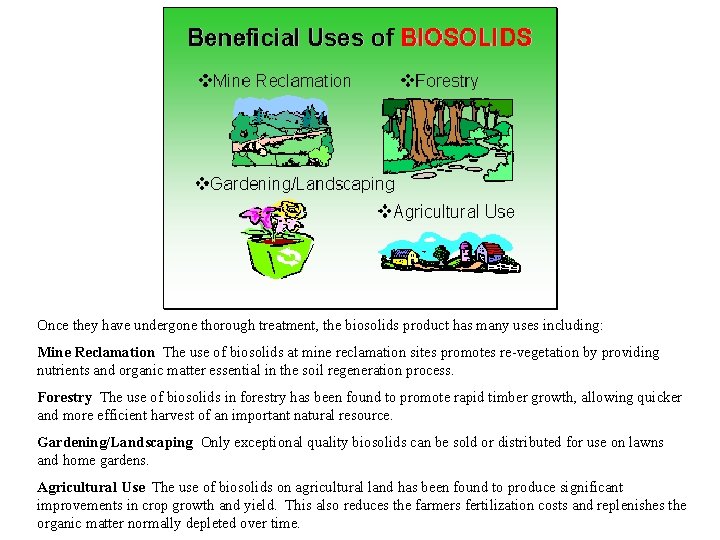 Once they have undergone thorough treatment, the biosolids product has many uses including: Mine