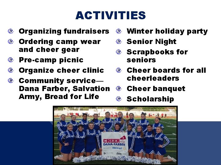 ACTIVITIES Organizing fundraisers Ordering camp wear and cheer gear Pre-camp picnic Organize cheer clinic