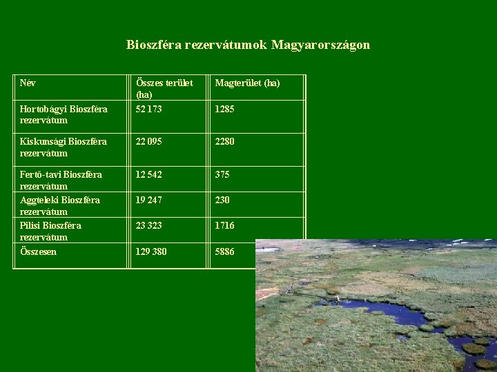 Bioszféra rezervátumok Magyarországon Név Összes terület (ha) 52 173 Magterület (ha) Kiskunsági Bioszféra rezervátum