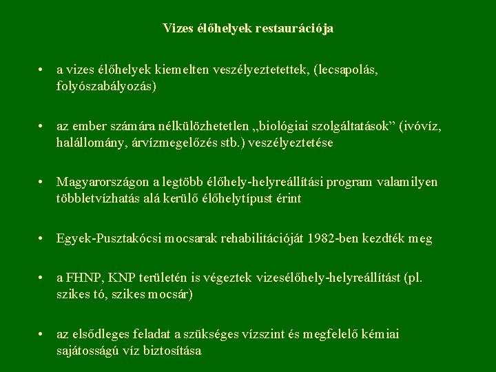 Vizes élőhelyek restaurációja • a vizes élőhelyek kiemelten veszélyeztetettek, (lecsapolás, folyószabályozás) • az ember