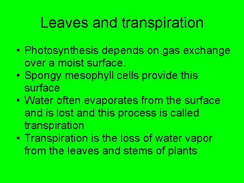 Leaves and transpiration • Photosynthesis depends on gas exchange over a moist surface. •