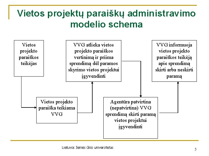 Vietos projektų paraiškų administravimo modelio schema Vietos projekto paraiškos teikėjas VVG atlieka vietos projekto