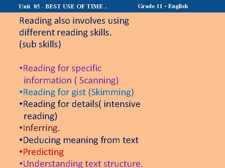 Unit 05 - BEST USE OF TIME. Grade 11 - English Reading also involves