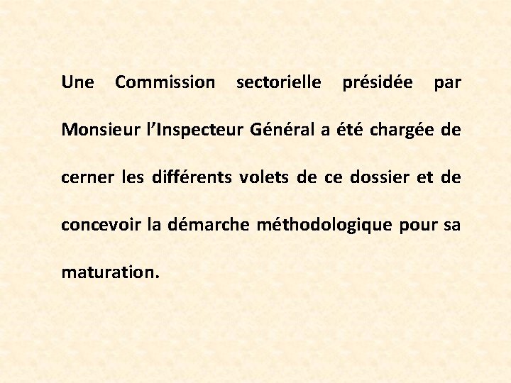 Une Commission sectorielle présidée par Monsieur l’Inspecteur Général a été chargée de cerner les