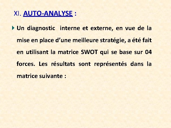 XI. AUTO-ANALYSE : Un diagnostic interne et externe, en vue de la mise en