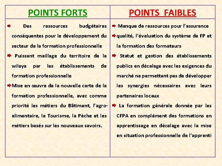 POINTS FORTS Des ressources budgétaires POINTS FAIBLES Manque de ressources pour l’assurance conséquentes pour