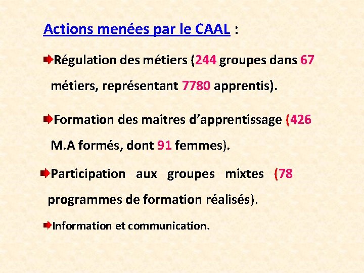 Actions menées par le CAAL : Régulation des métiers (244 groupes dans 67 métiers,