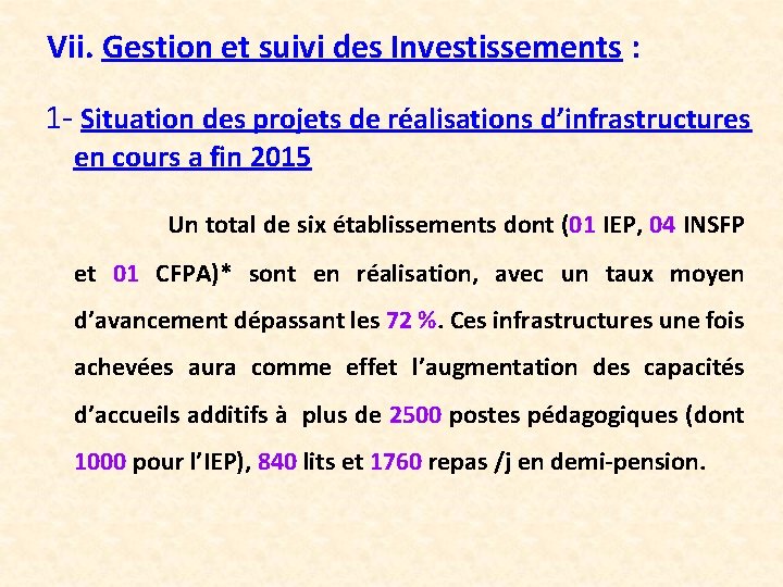 Vii. Gestion et suivi des Investissements : 1 - Situation des projets de réalisations