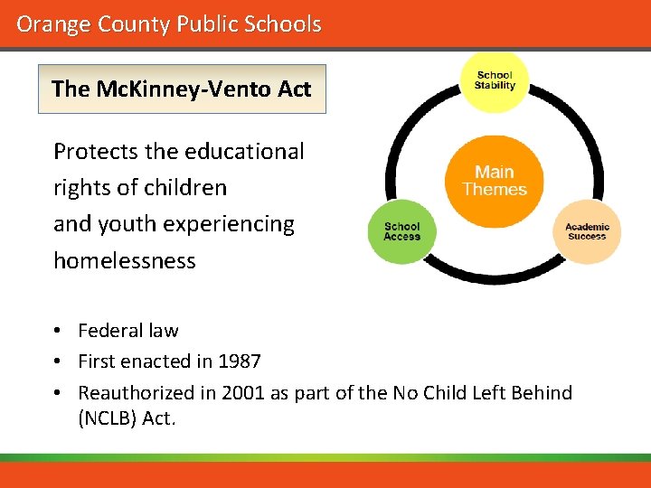 Orange County Public Schools The Mc. Kinney-Vento Act Protects the educational rights of children