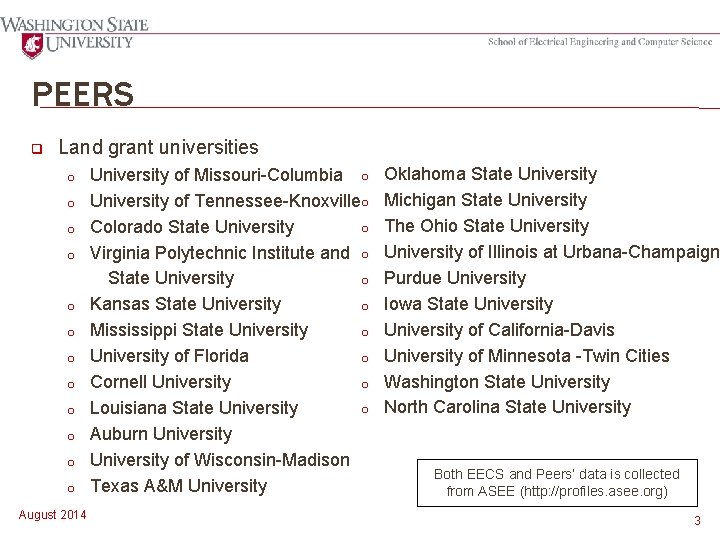 PEERS q Land grant universities o o o August 2014 University of Missouri-Columbia o