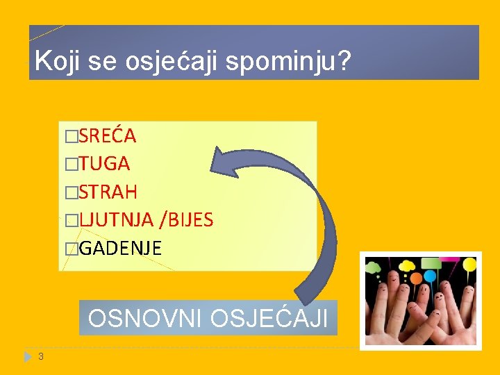 Koji se osjećaji spominju? �SREĆA �TUGA �STRAH �LJUTNJA /BIJES �GADENJE OSNOVNI OSJEĆAJI 3 