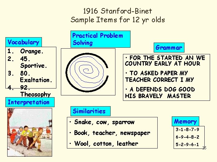 1916 Stanford-Binet Sample Items for 12 yr olds Vocabulary 1. Orange. 2. 45. Sportive.