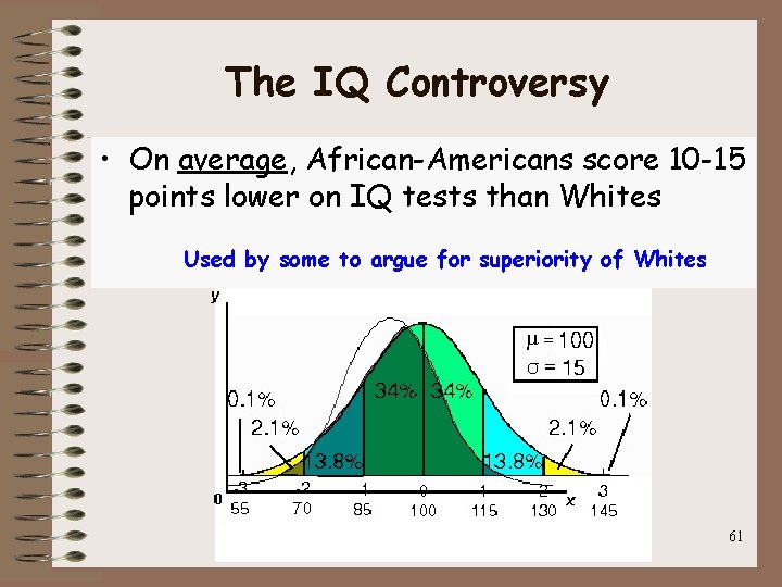 The IQ Controversy • On average, African-Americans score 10 -15 points lower on IQ