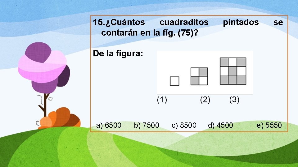 15. ¿Cuántos cuadraditos contarán en la fíg. (75)? pintados se De la figura: a)