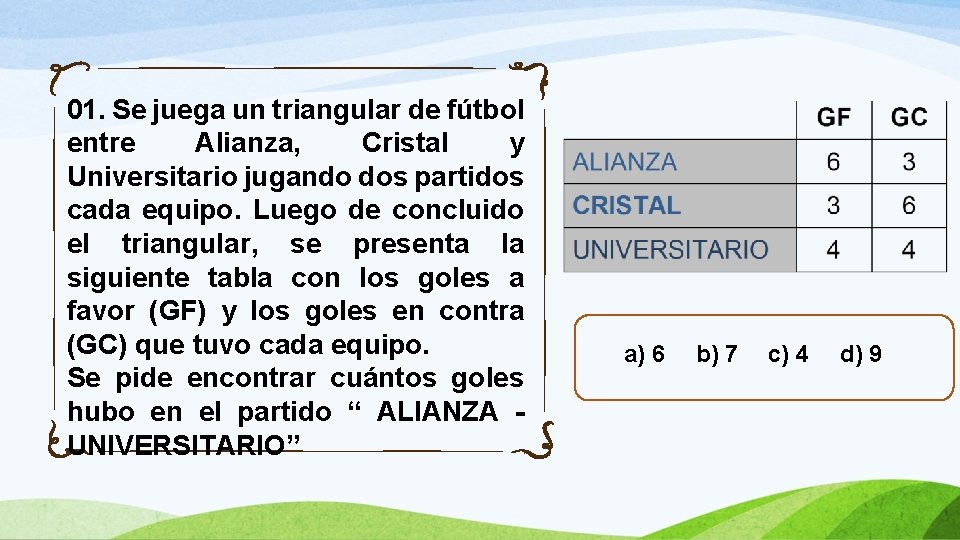 01. Se juega un triangular de fútbol entre Alianza, Cristal y Universitario jugando dos