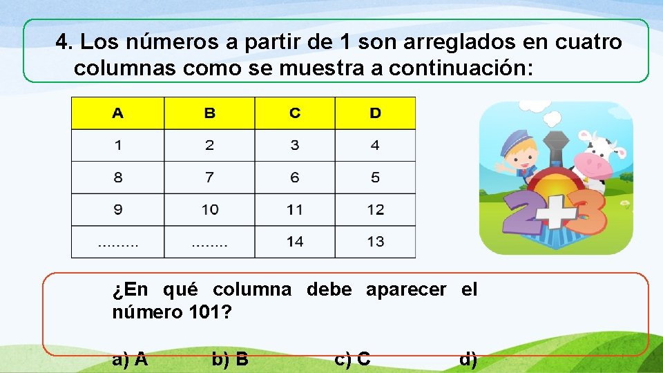 4. Los números a partir de 1 son arreglados en cuatro columnas como se