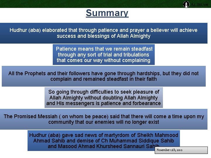 Summary Hudhur (aba) elaborated that through patience and prayer a believer will achieve success