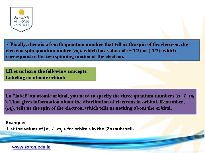 üFinally, there is a fourth quantum number that tell us the spin of the