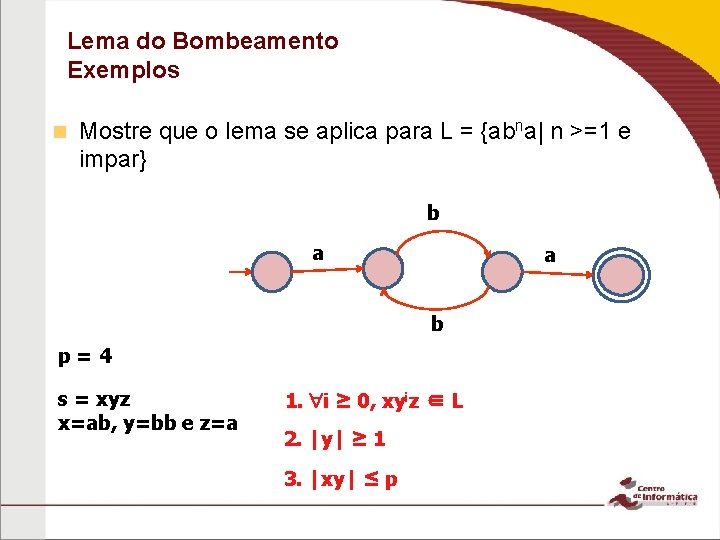 Lema do Bombeamento Exemplos Mostre que o lema se aplica para L = {abna|