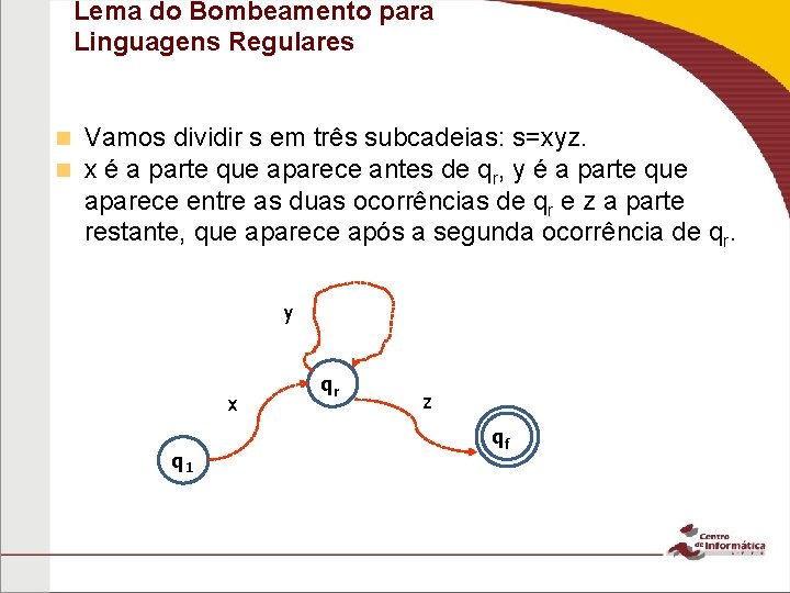 Lema do Bombeamento para Linguagens Regulares Vamos dividir s em três subcadeias: s=xyz. x