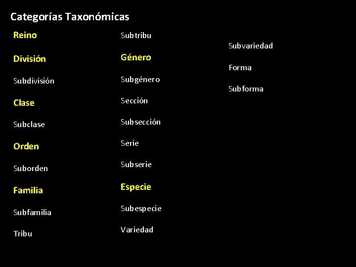 Categorías Taxonómicas Reino Subtribu División Género Subdivisión Subgénero Clase Sección Subclase Subsección Orden Serie