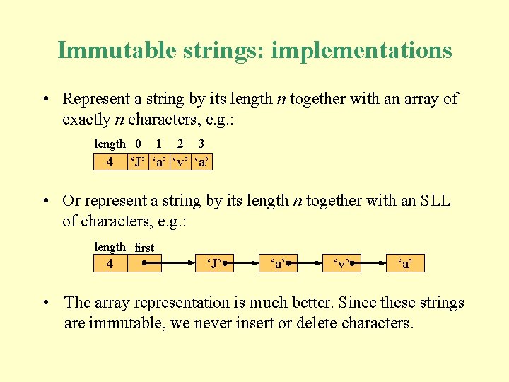 Immutable strings: implementations • Represent a string by its length n together with an Immutable strings: implementations • Represent a string by its length n together with an