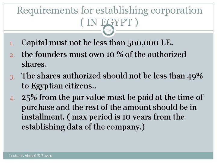 Requirements for establishing corporation ( IN EGYPT ) 12 Capital must not be less