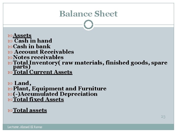 Balance Sheet Assets Cash in hand Cash in bank Account Receivables Notes receivables Total