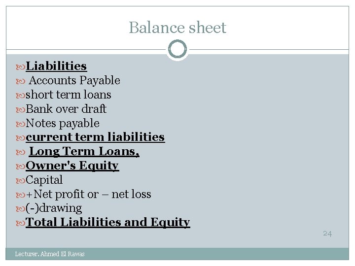 Balance sheet Liabilities Accounts Payable short term loans Bank over draft Notes payable current