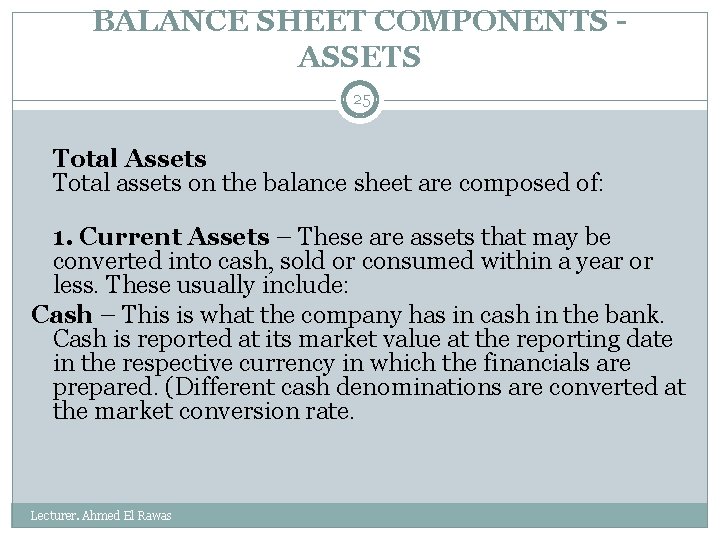 BALANCE SHEET COMPONENTS - ASSETS 25 Total Assets Total assets on the balance sheet
