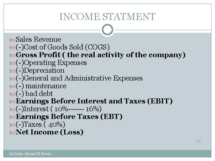 INCOME STATMENT Sales Revenue (-)Cost of Goods Sold (COGS) Gross Profit ( the real