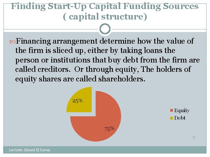 Finding Start-Up Capital Funding Sources ( capital structure) Financing arrangement determine how the value