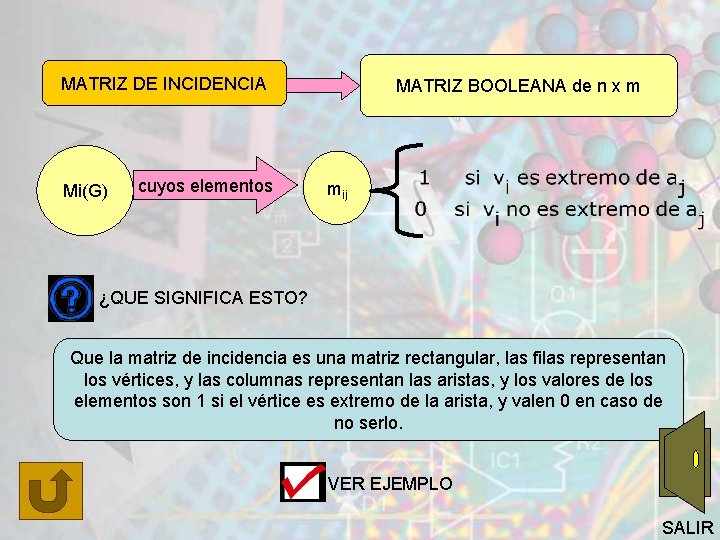 MATRIZ DE INCIDENCIA Mi(G) cuyos elementos MATRIZ BOOLEANA de n x m mij ¿QUE