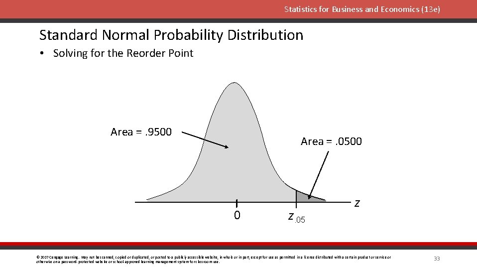 Statistics for Business and Economics (13 e) Standard Normal Probability Distribution • Solving for