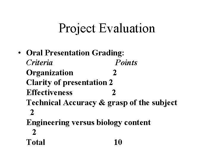 Project Evaluation • Oral Presentation Grading: Criteria Points Organization 2 Clarity of presentation 2