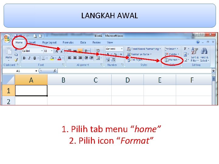LANGKAH AWAL 1. Pilih tab menu “home” 2. Pilih icon “Format” 