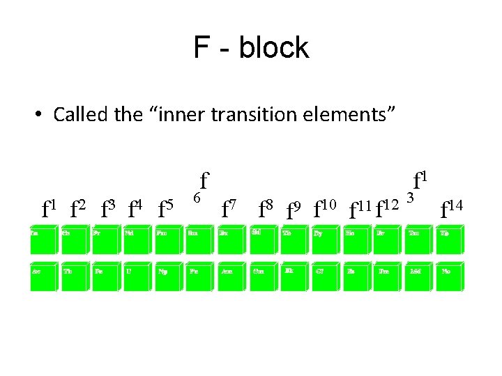 F - block • Called the “inner transition elements” f 1 f 2 f