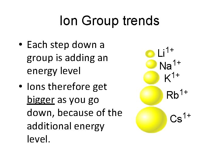 Ion Group trends • Each step down a group is adding an energy level