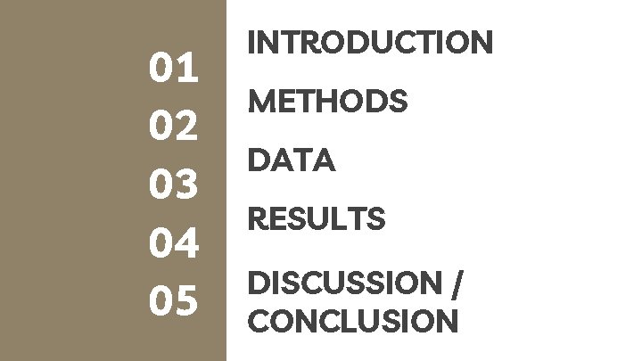 01 02 03 04 05 INTRODUCTION METHODS DATA RESULTS DISCUSSION / CONCLUSION 