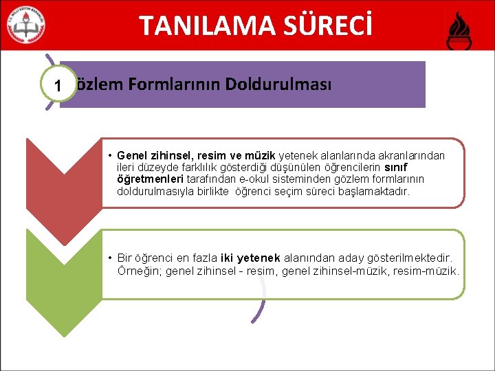 TANILAMA SÜRECİ 1 Gözlem Formlarının Doldurulması • Genel zihinsel, resim ve müzik yetenek alanlarında