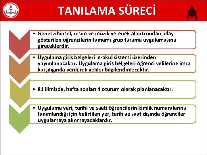 TANILAMA SÜRECİ • Genel zihinsel, resim ve müzik yetenek alanlarından aday gösterilen öğrencilerin tamamı