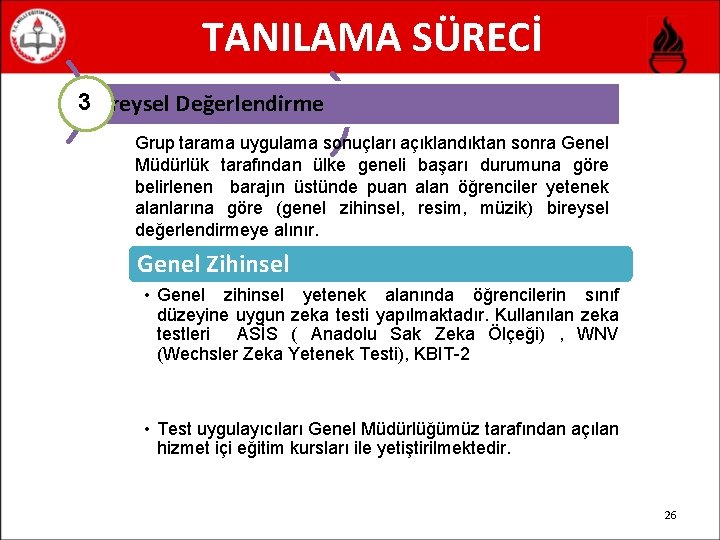 TANILAMA SÜRECİ 3 Bireysel Değerlendirme Grup tarama uygulama sonuçları açıklandıktan sonra Genel Müdürlük tarafından